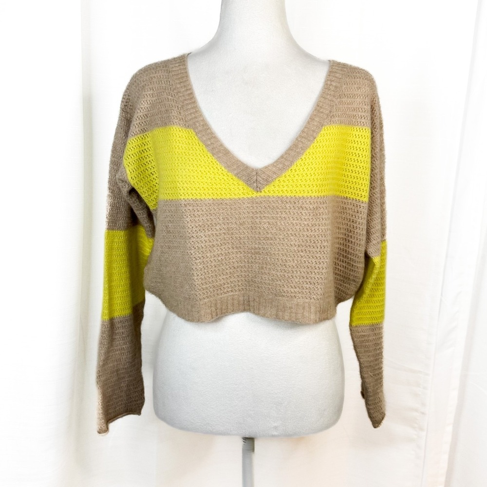 Free People 100% Cashmere Crop Sweater L Tan Neon Yellow V Neck Open Knit EUC